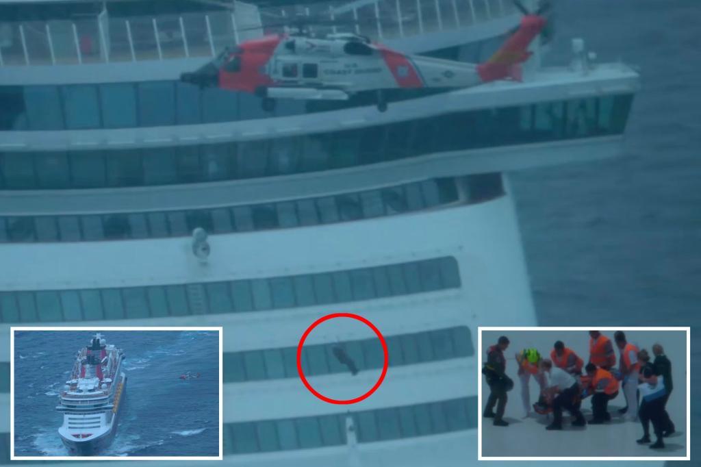 A Disney cruise passenger is dangling over the ocean in a Coast Guard rescue