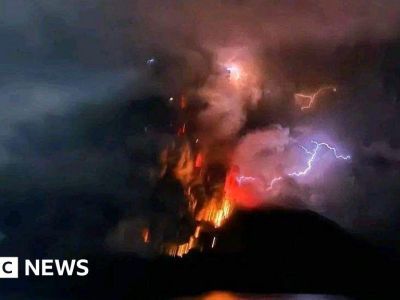 The volcano in Indonesia has lava and smoke